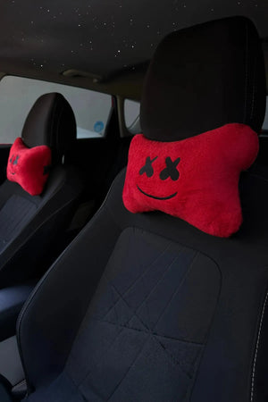 Tüm Araçlarla Uyumlu 2’li Kırmızı X-Face Peluş Boyun Yastığı | Yumuşacık, Terletmez