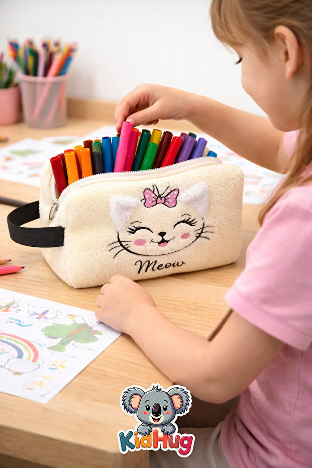 KidHug Peluş Nakışlı Büyük Boy Kalem Kutusu Çocuk Kalemlik Kedi Köpek Tavşan