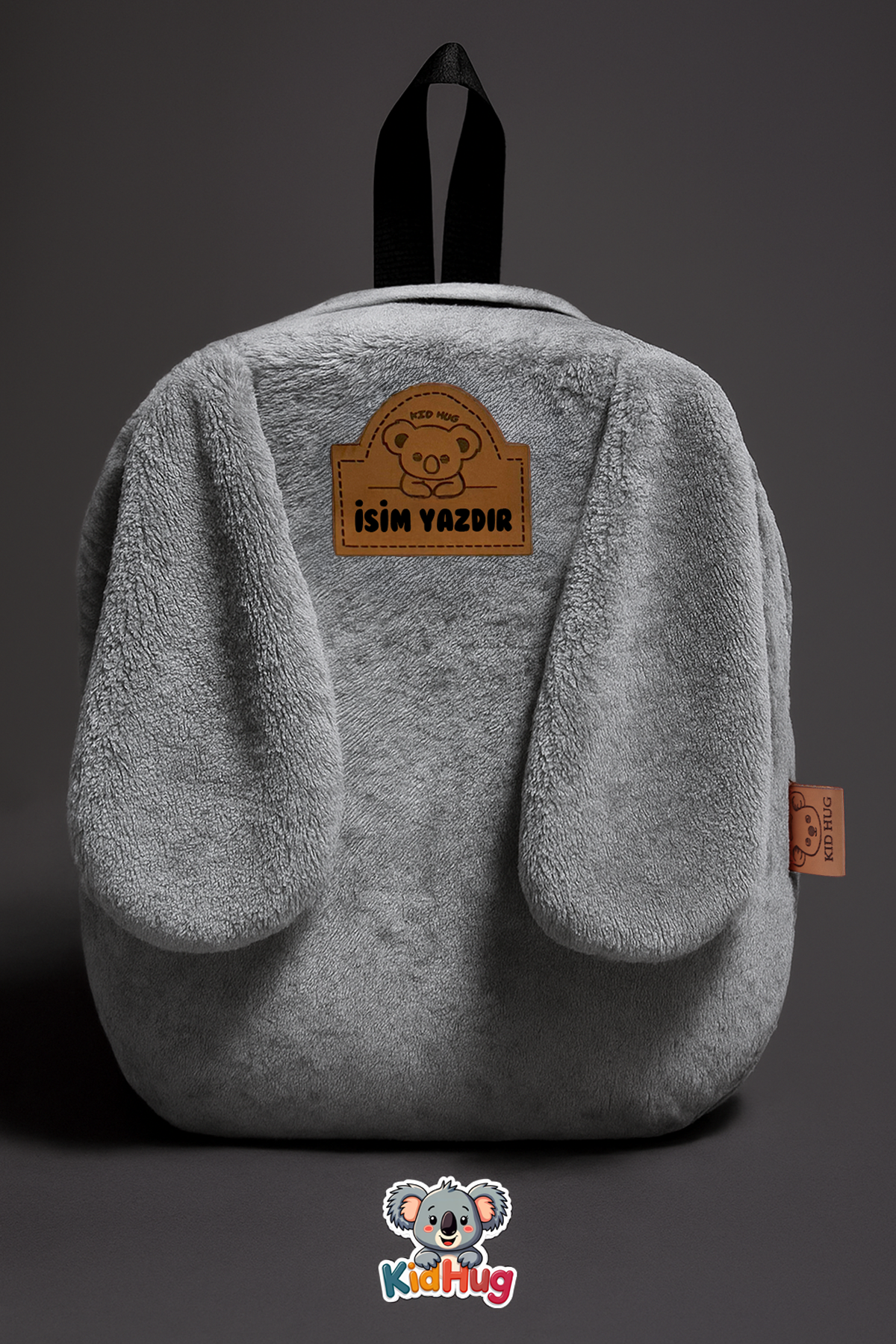 [ Istediğiniz Ismi Yazıyoruz ] Gri Köpek Çantalı Çocuk Sırt Çantası – 3D Peluş Kulaklı 27cm Kreş Anaokulu Çantası
