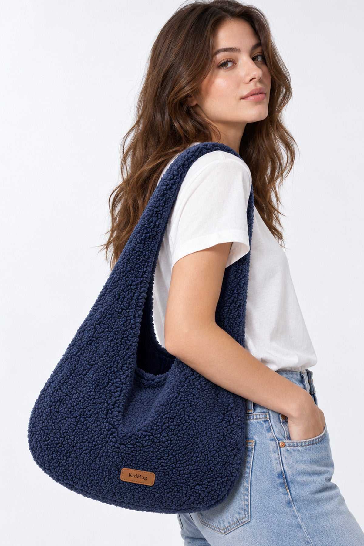 Kadın Mavi Teddy Peluş Hobo Omuz Çantası Yumuşak Dokulu Astarlı Günlük Çanta (Mavi)