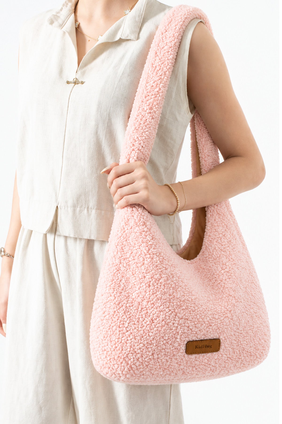 Kadın Teddy Peluş Hobo Omuz Çantası Yumuşak Dokulu Astarlı Günlük Çanta (Pembe)