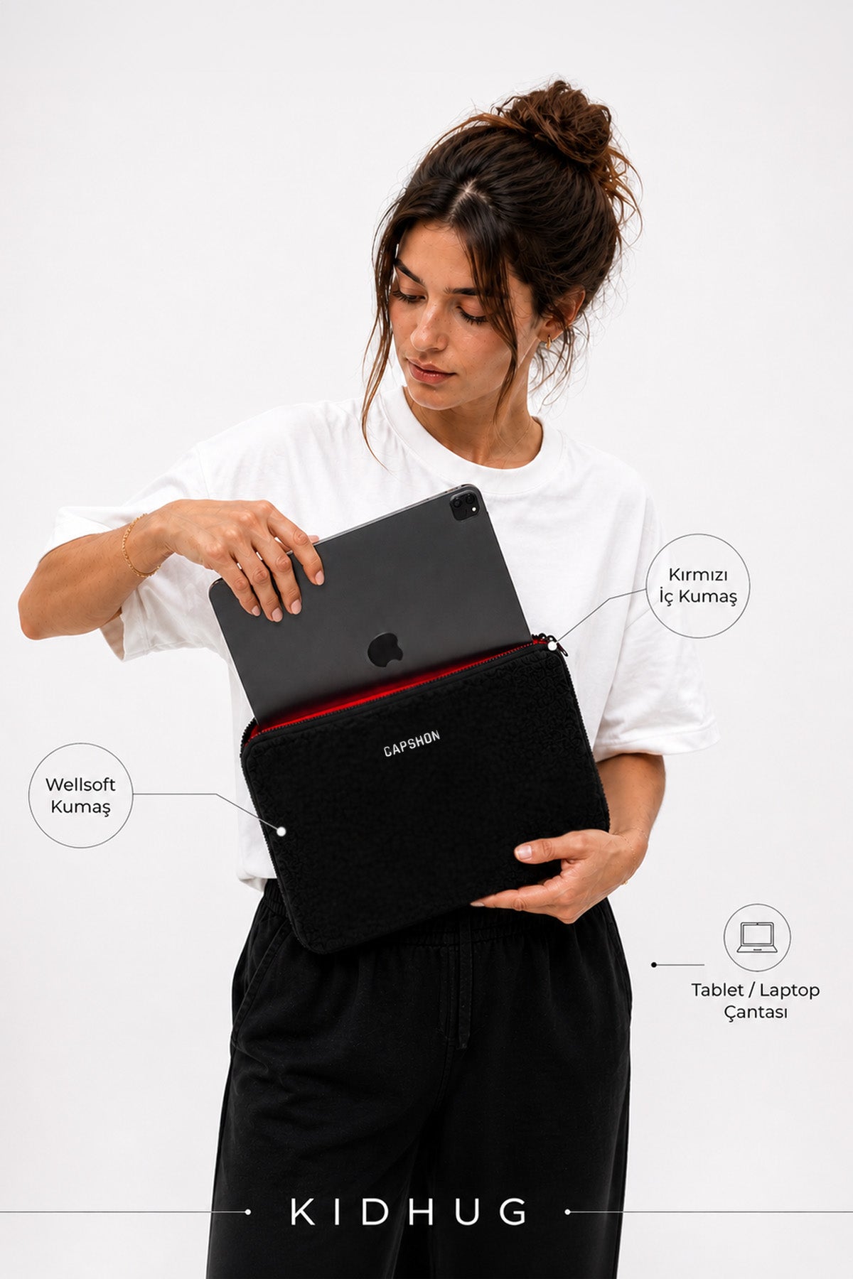 Peluş Tablet Laptop Kılıfı 13 inch Yumuşak Dokulu Fermuarlı Koruyucu Çanta 37x27 cm Siyah