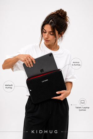 Peluş Tablet Laptop Kılıfı 13 inch Yumuşak Dokulu Fermuarlı Koruyucu Çanta 37x27 cm Siyah