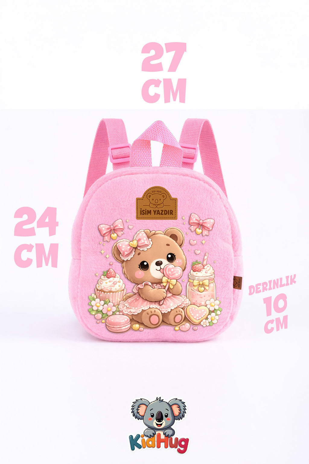 İsime Özel Kız Çocuk Çanta Ayılı Sırt Baskılı Pembe Kız Çocuk Çantası 0 - 8 Yaş