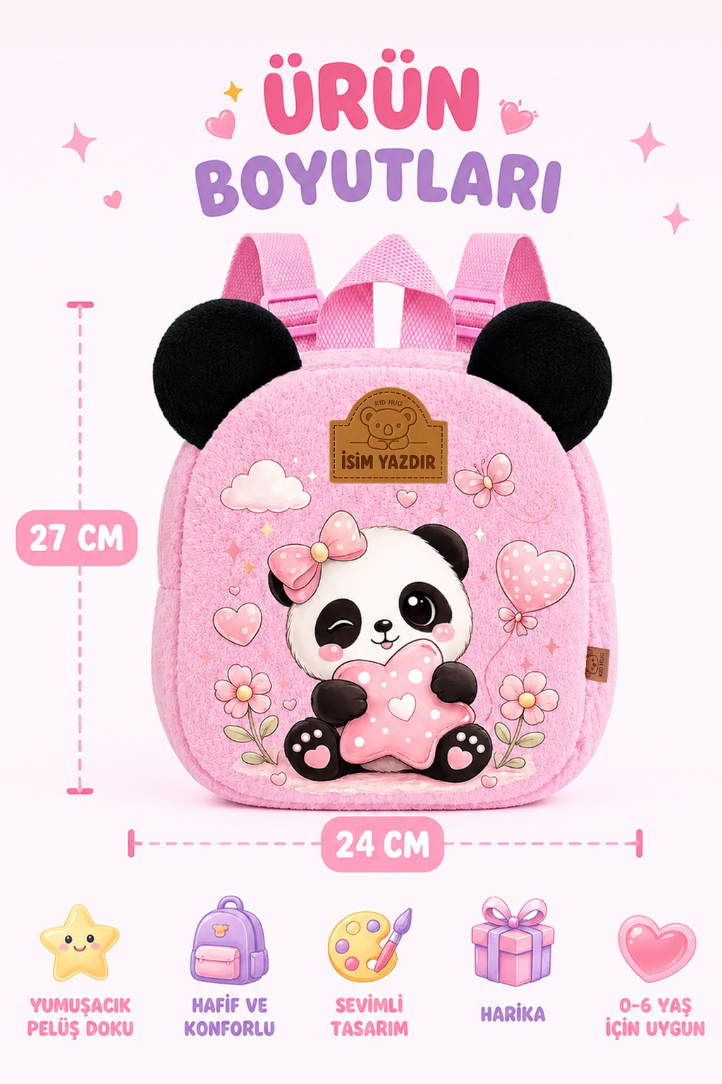 İsime Özel Kız Çocuk Çanta Panda Sırt Baskılı Pembe Kız Çocuk Çantası Anaokulu - Kreş 0 - 8 Yaş