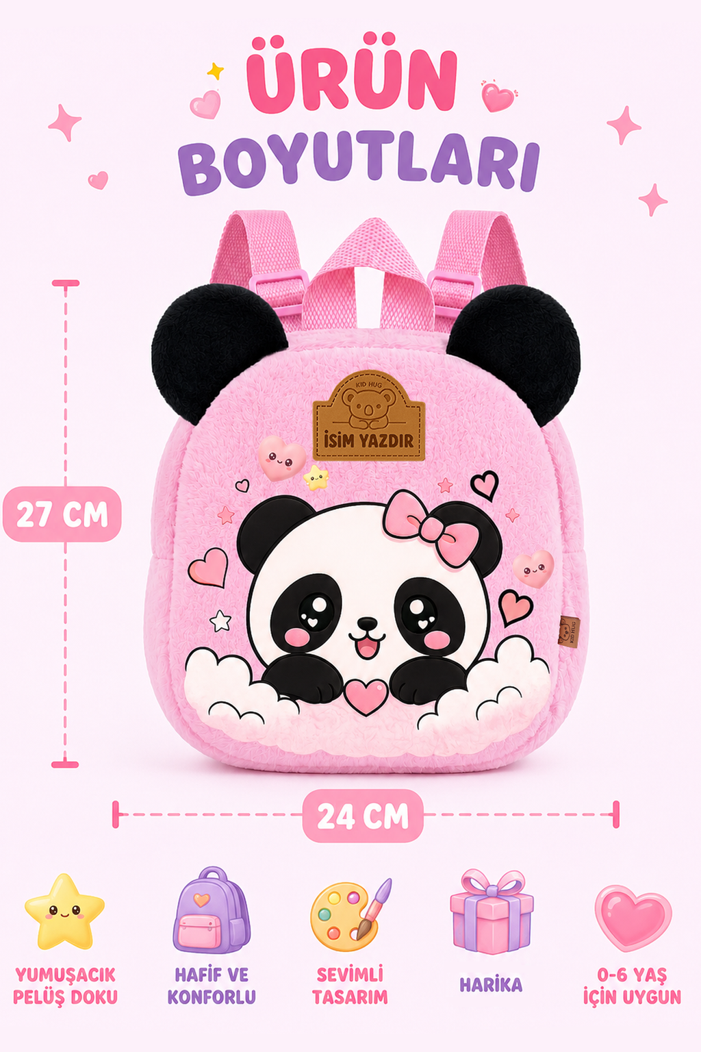 İsime Özel Kız Çocuk Çanta Panda Sırt Baskılı Pembe Kız Çocuk Çantası Anaokulu - Kreş 0 - 8 Yaş
