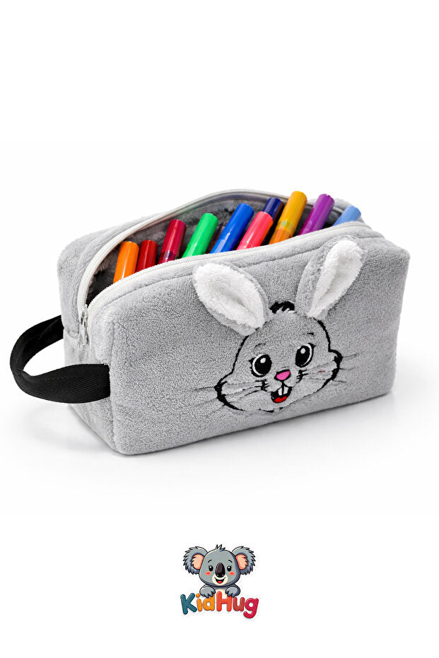 KidHug Peluş Nakışlı Büyük Boy Kalem Kutusu Çocuk Kalemlik Kedi Köpek Tavşan