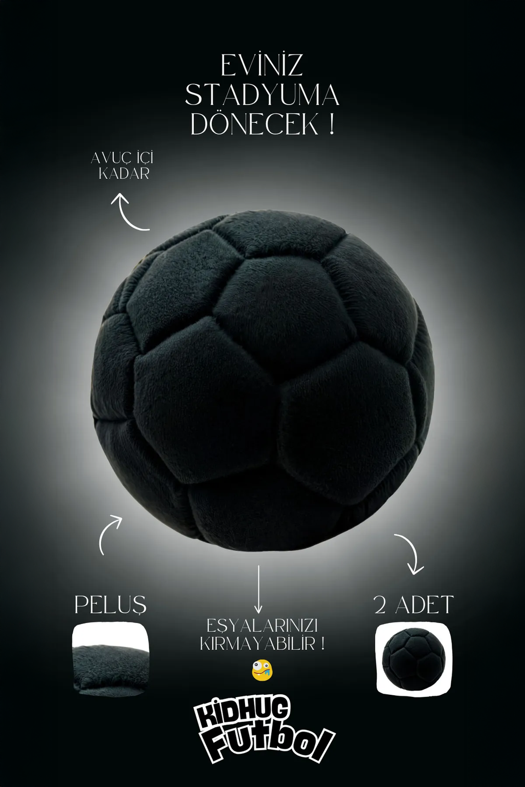 Yumuşak 53 cm çapında Siyah Peluş Ev Topu – Renkli, Güvenli ve Eğlenceli EvTopu