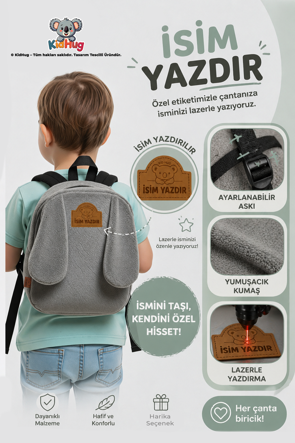 Gri Sırt Çantası Kulaklı 1-8 Yaş Çocuk Sırt Kreş Çantası, Anaokulu [ Istediğiniz Ismi Yazıyoruz ] -