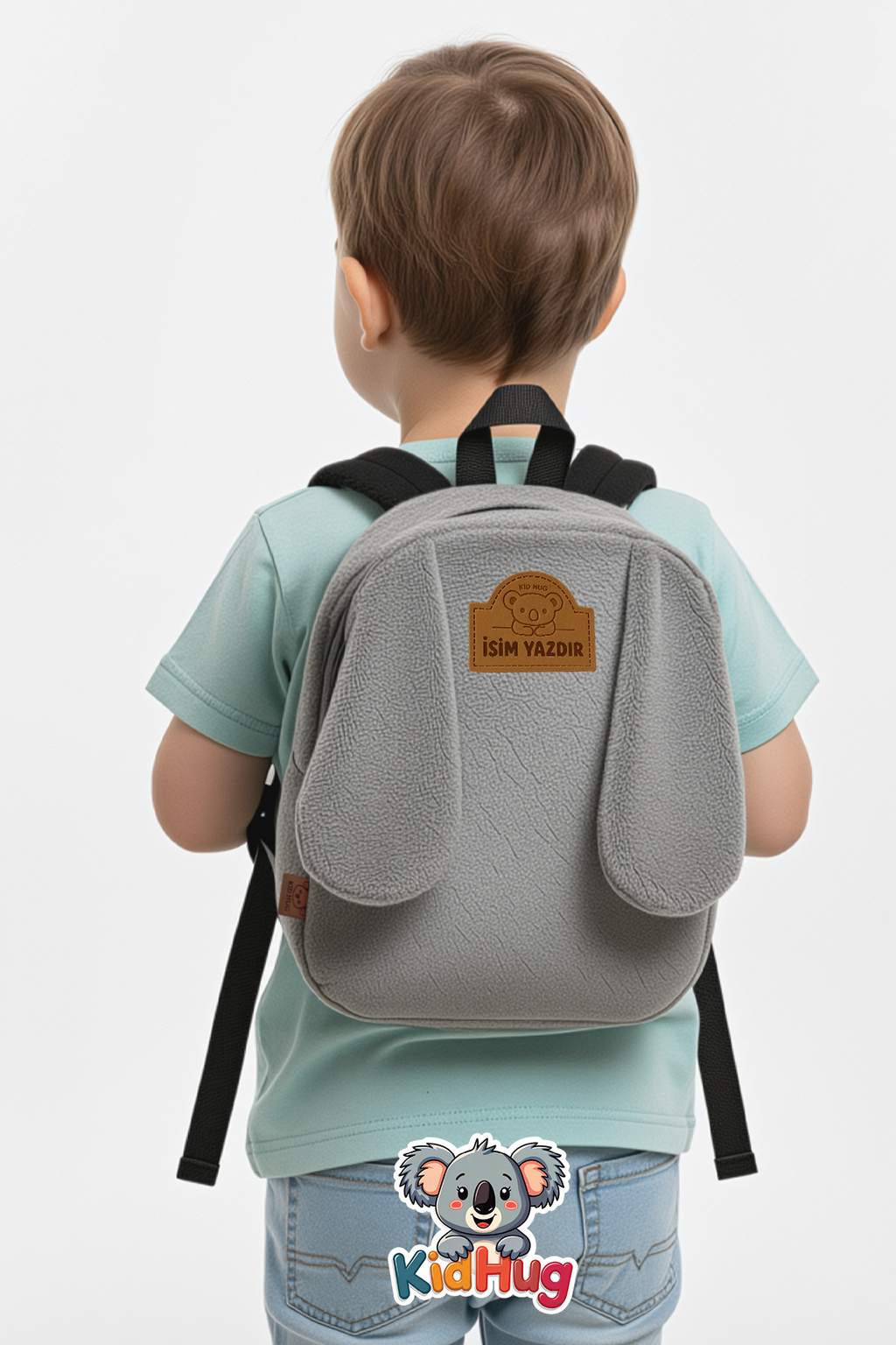 Gri Sırt Çantası Kulaklı 1-8 Yaş Çocuk Sırt Kreş Çantası, Anaokulu [ Istediğiniz Ismi Yazıyoruz ] -