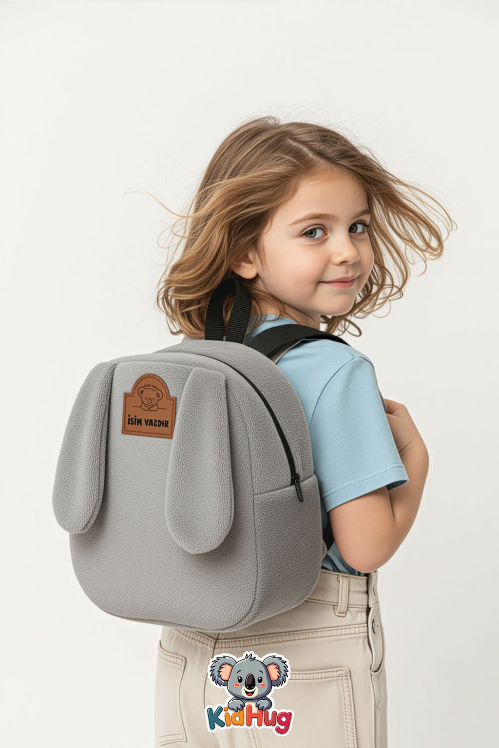 Gri Sırt Çantası Kulaklı 1-8 Yaş Çocuk Sırt Kreş Çantası, Anaokulu [ Istediğiniz Ismi Yazıyoruz ] -