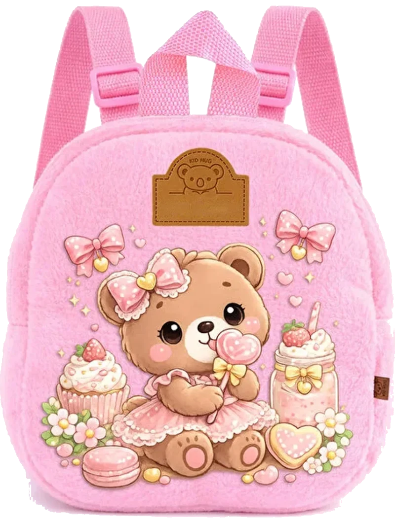 Ayılı pembe peluş sırt çantası, etiketinde çocuğun adı