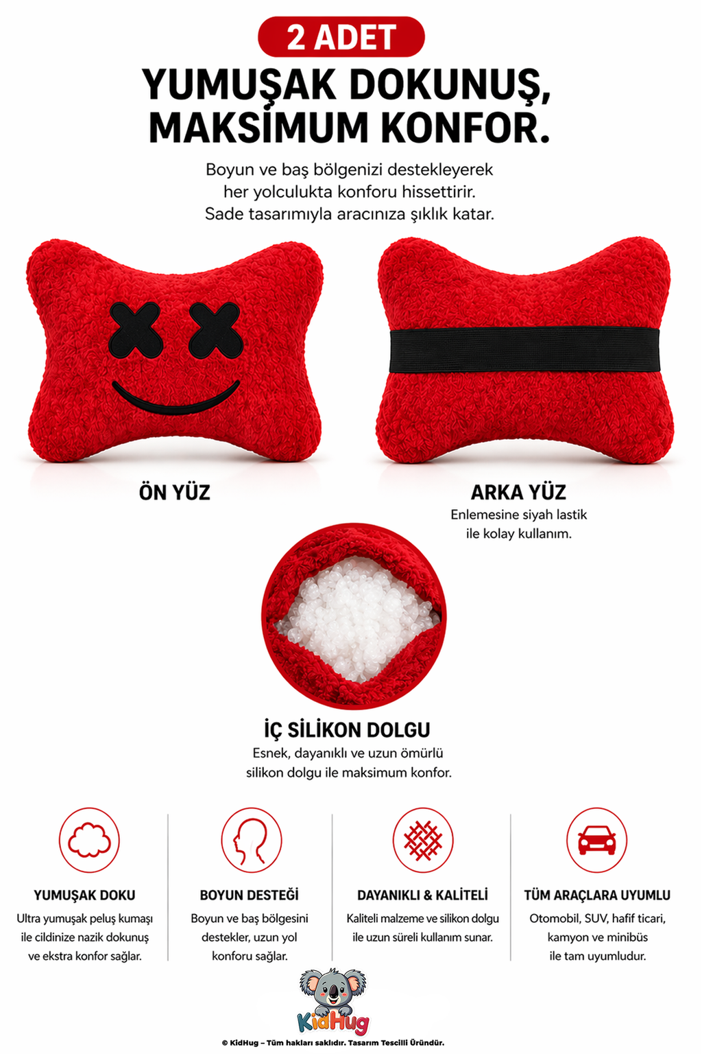 Oto boyun yastığı 2'li kırmızı, nakışlı peluş araç koltuk yastığı