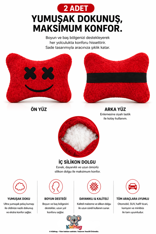 2 Adet Nakışlı Peluş Oto Boyun Yastığı – Silikonlu Ortopedik Boyun Desteği, Lastikli Araç Koltuk Başlık Yastığı, Tüm Araçlara Uyumlu
