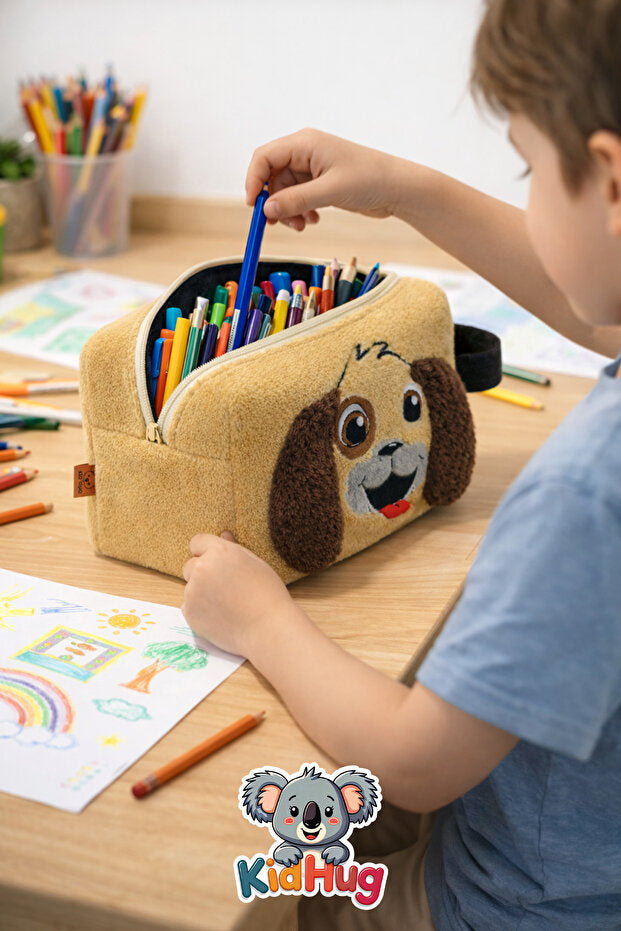 KidHug Peluş Nakışlı Büyük Boy Kalem Kutusu Çocuk Kalemlik Kedi Köpek Tavşan