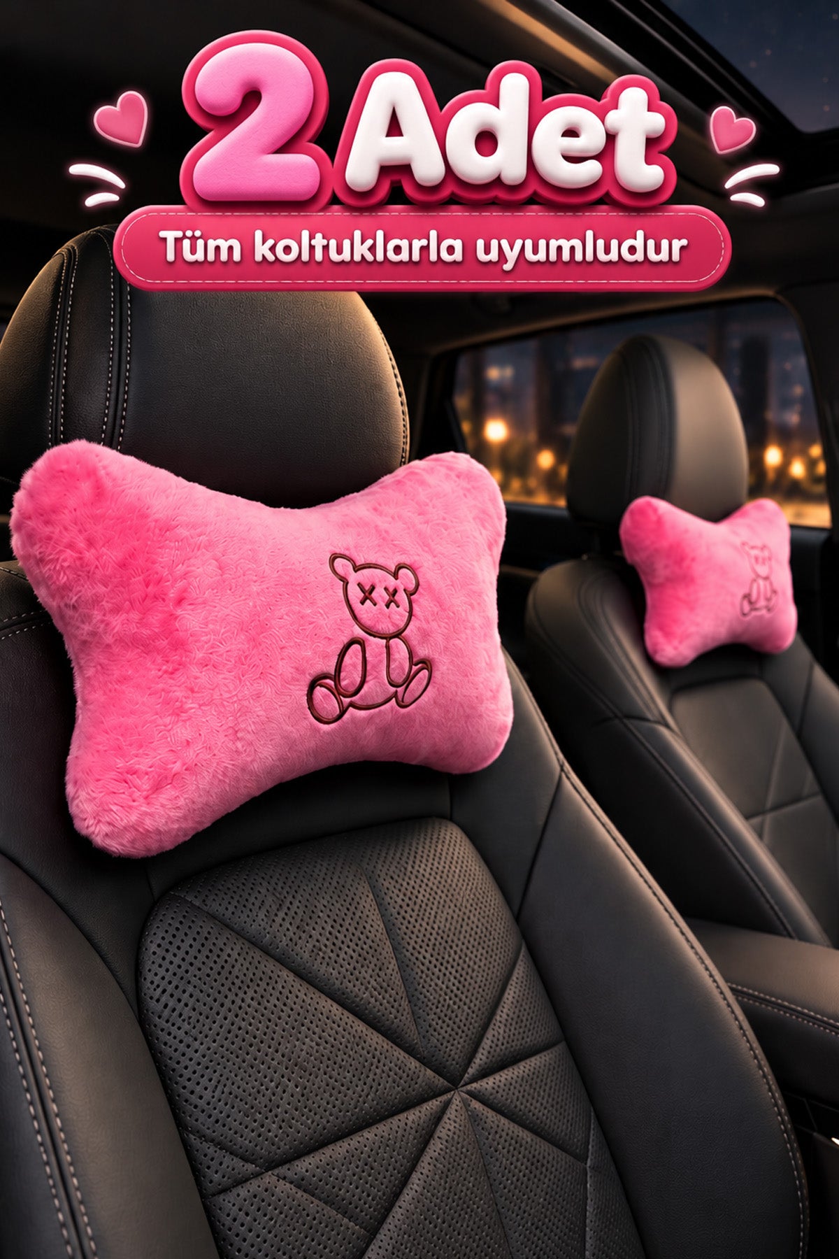 Oto Boyun Yastığı 2'li Pembe Ayıcık – Nakışlı Araç Koltuk Başlığı Yastığı